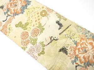 アンティーク　鶴に几帳・菊・牡丹模様織り出し丸帯（材料）